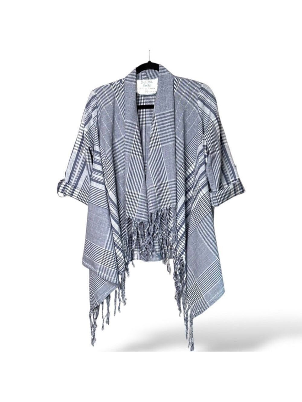 CALIFORNIA MOONRISE 100% Cotton Lightweight Plaid Poncho / Cardigan / Wrap Sz S - Picture 3 of 9